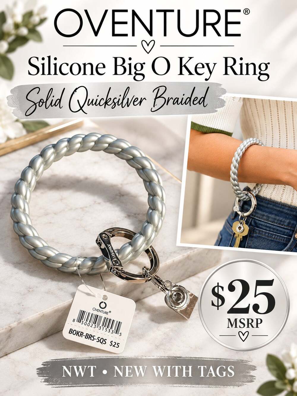 Oventure $25 Silicone Big O Key Ring Solid Quicksilver Braided NWT